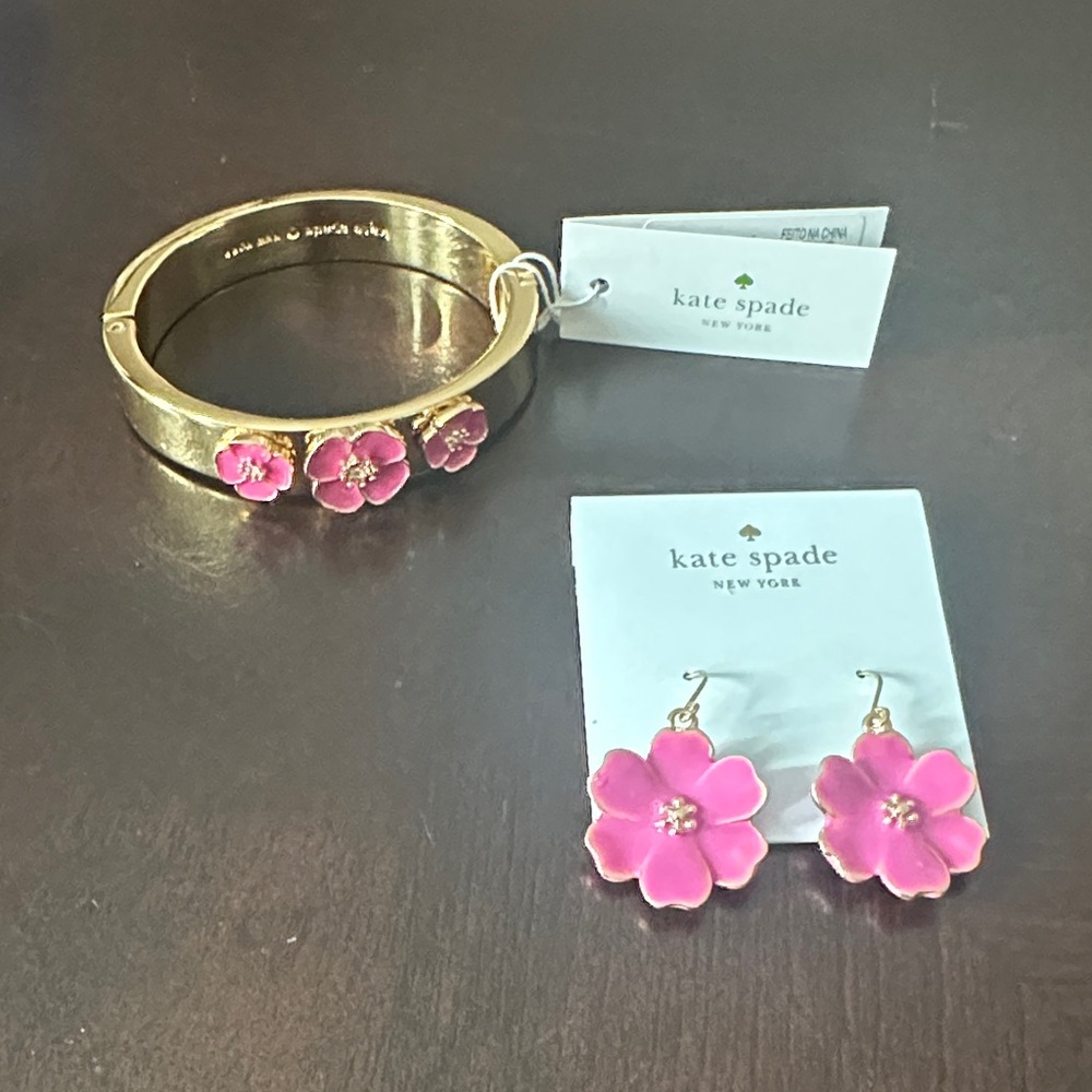 Kate Spade Flutter Floral Gold and Pink Bracelet and Earrings set.